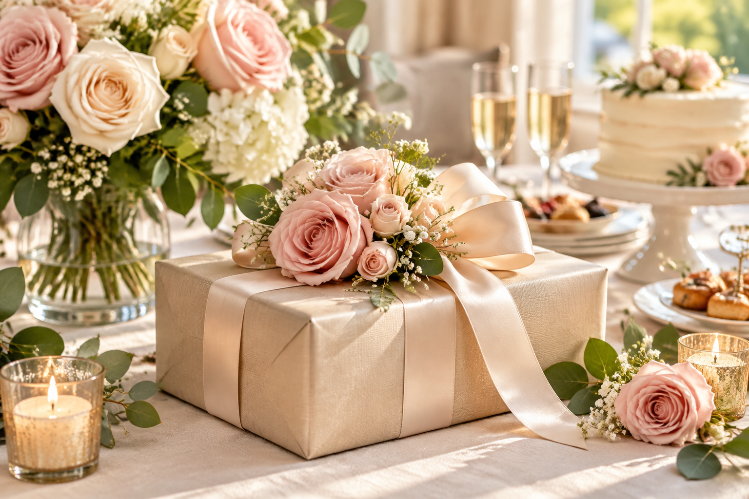 Anniversary gift box decorated with blush roses.