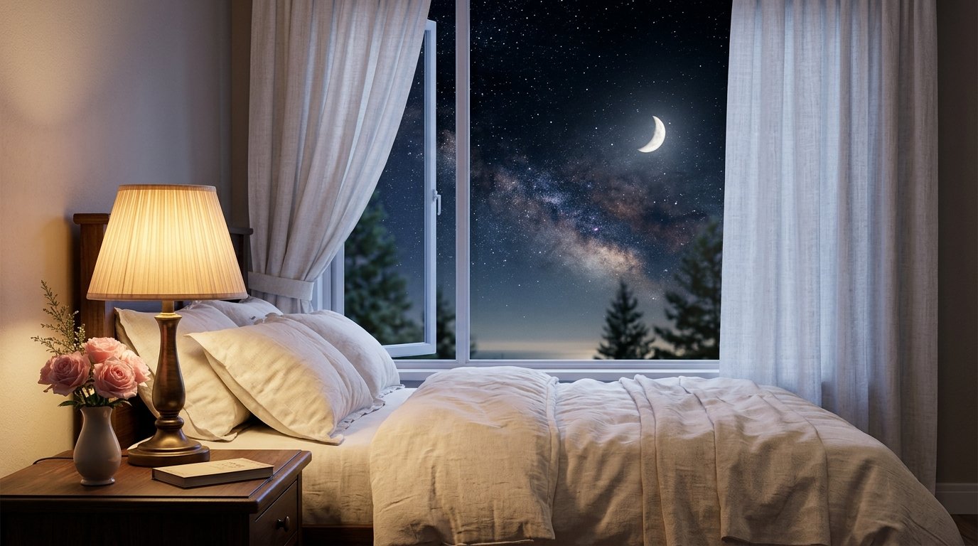 Peaceful bedroom illuminated by soft moonlight and a bedside lamp.Image title: Beautiful Sweet Dreams Good Night