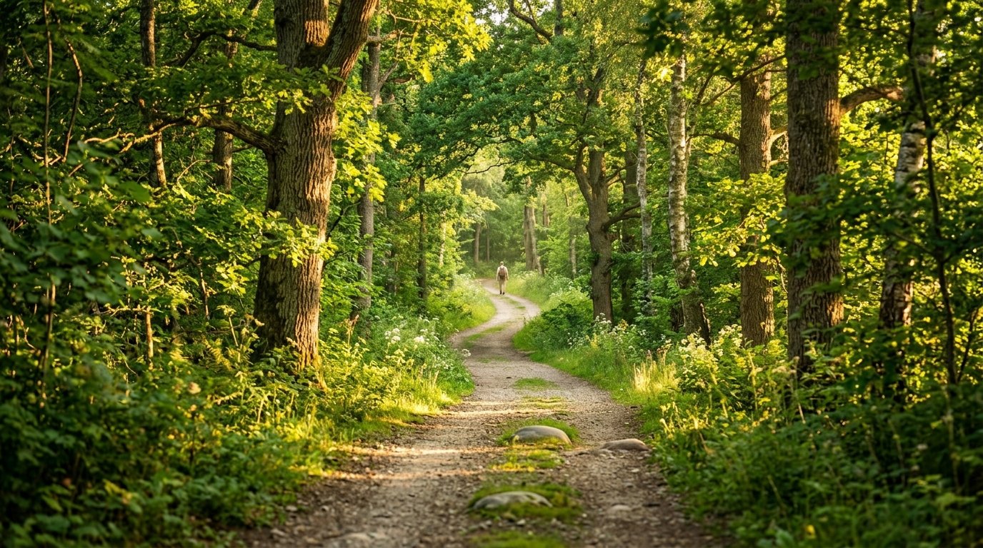 Winding path through green trees in warm sunlight.
