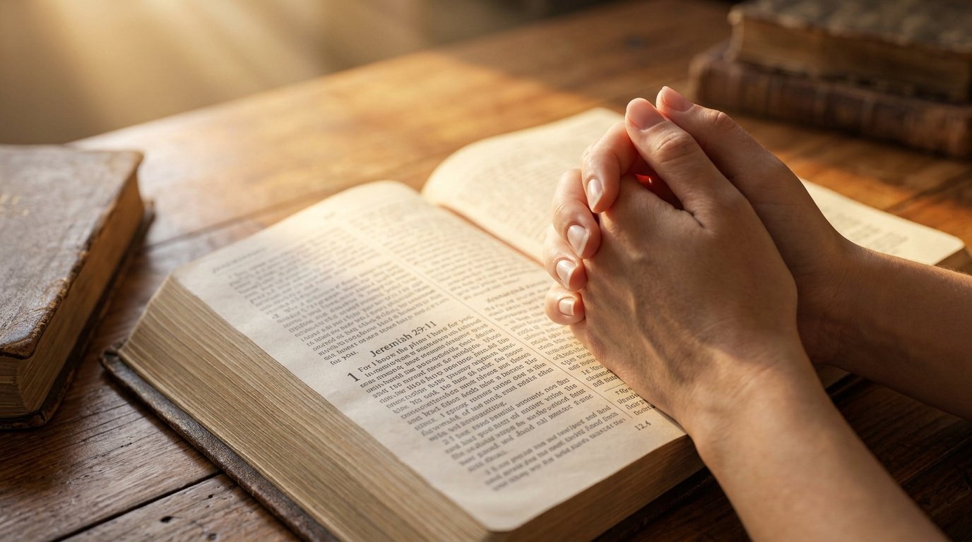 Folded hands in prayer beside an open Bible.