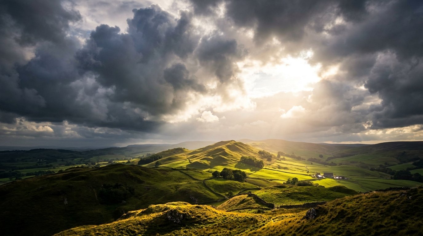 Sunlight breaking through clouds over green hills.