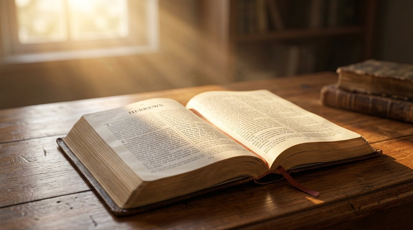 Open Bible on a wooden table in warm morning sunlight.