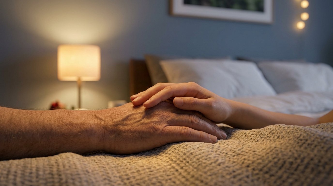 Two people gently holding hands in warm evening light