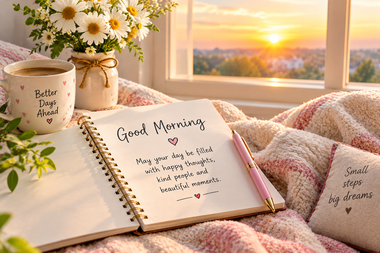 Open notebook on a cozy blanket with soft sunrise light coming through a window.