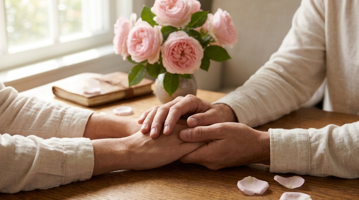 Couple gently holding hands in warm evening sunlight 