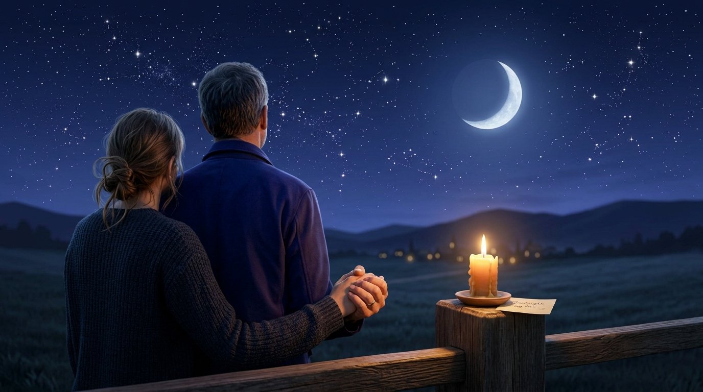 Couple holding hands beneath a starry night sky