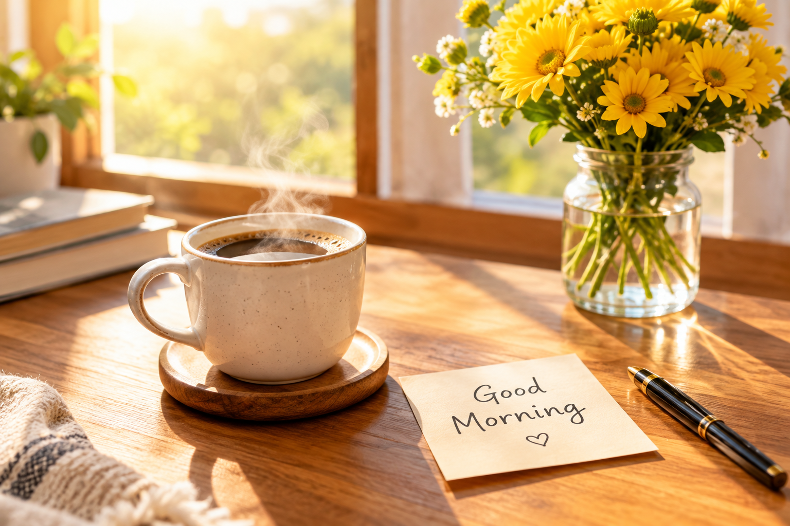 Steaming coffee cup next to a good morning note on a sunny desk.