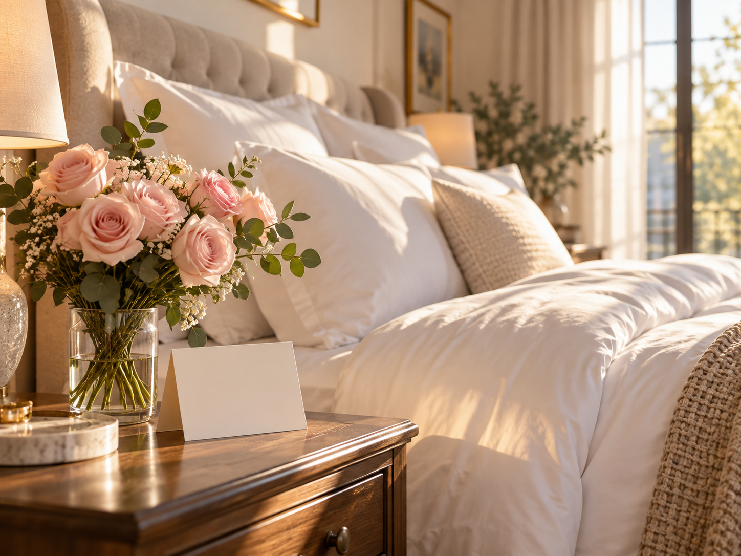 Pink roses and a greeting card in a sunlit bedroom.