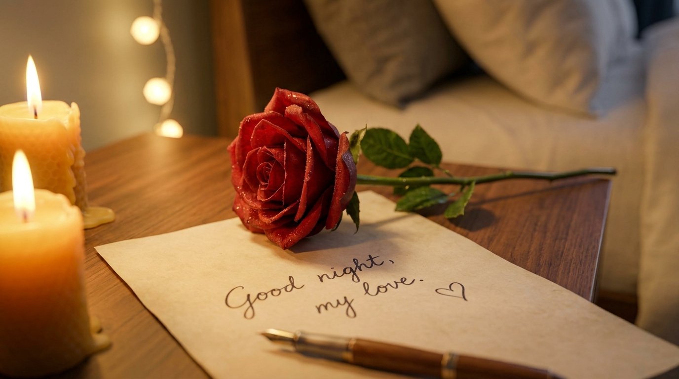 Red rose beside a handwritten love note in candlelight