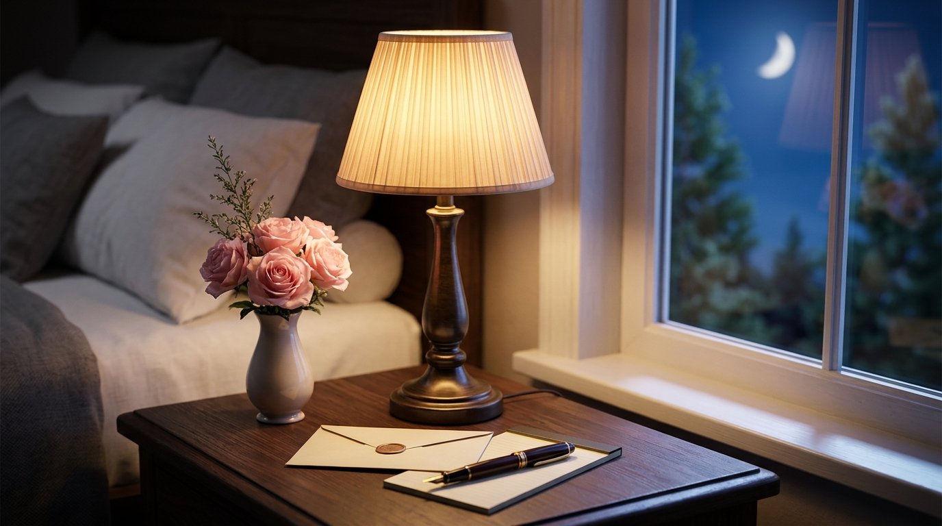 Romantic roses and a handwritten letter beside a softly lit bedside lamp.Image title: Good Night Message for Her