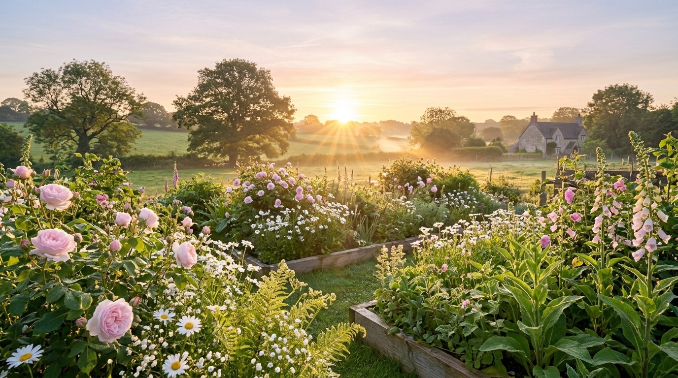 Golden sunrise over a peaceful garden on Saturday morning.