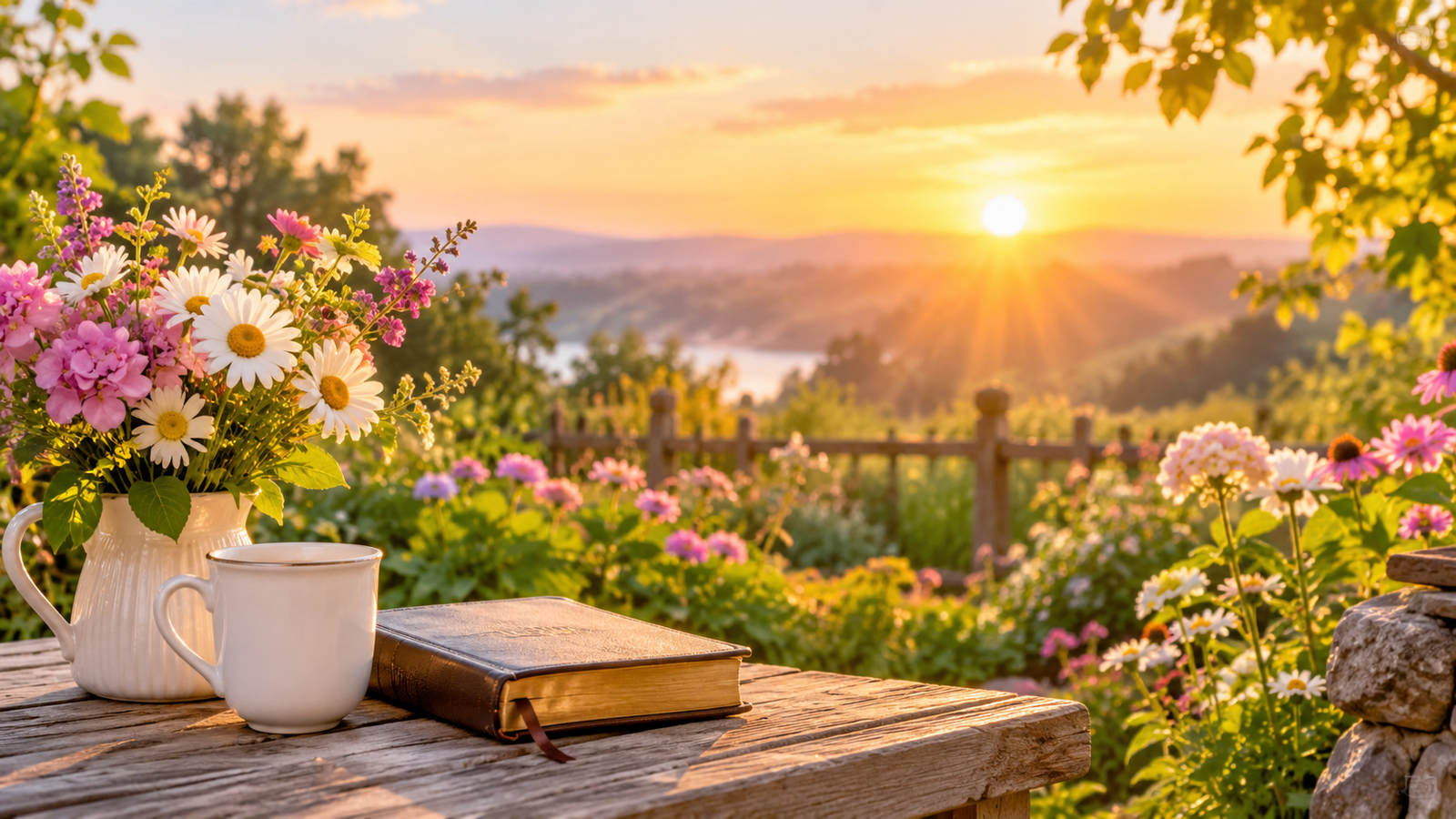 Peaceful Sunday sunrise with flowers and warm morning sunlight.