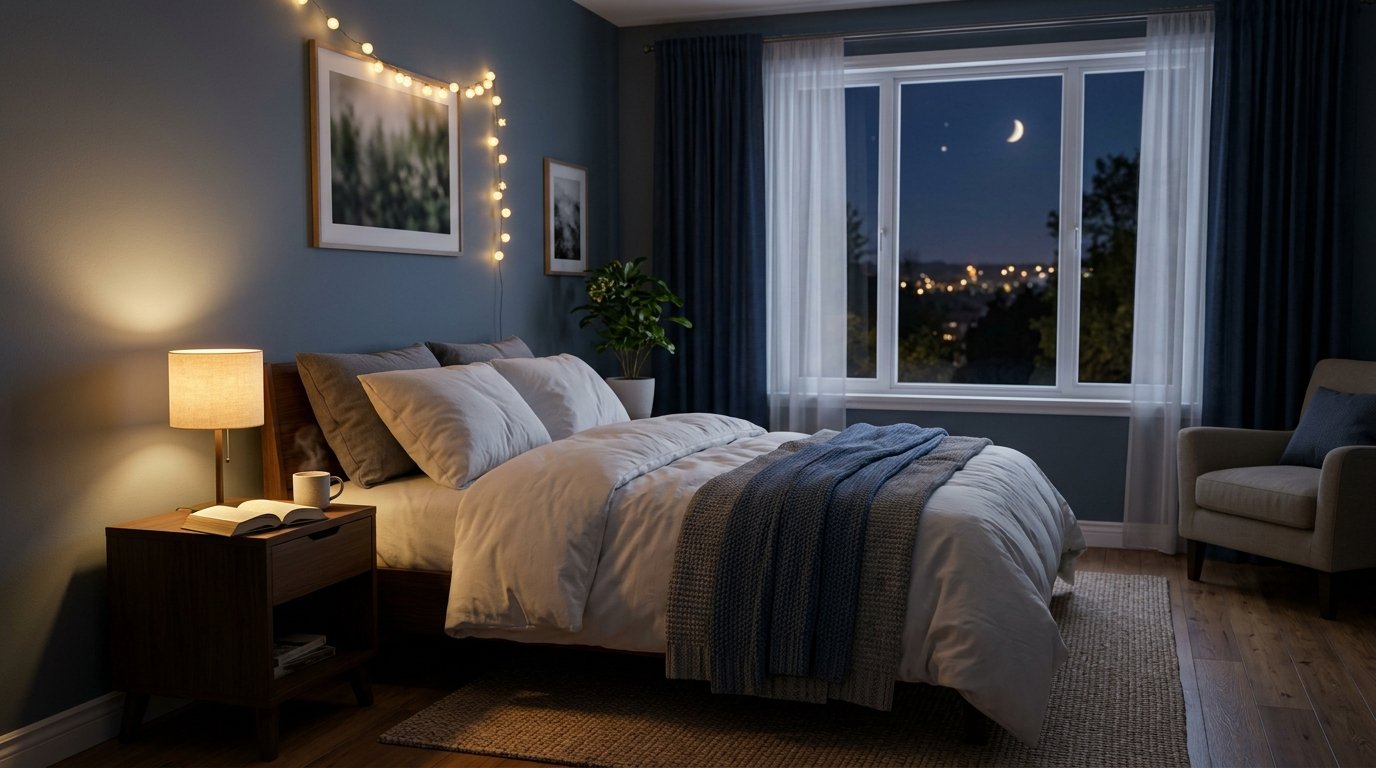 Cozy bedroom with warm bedside lighting at night