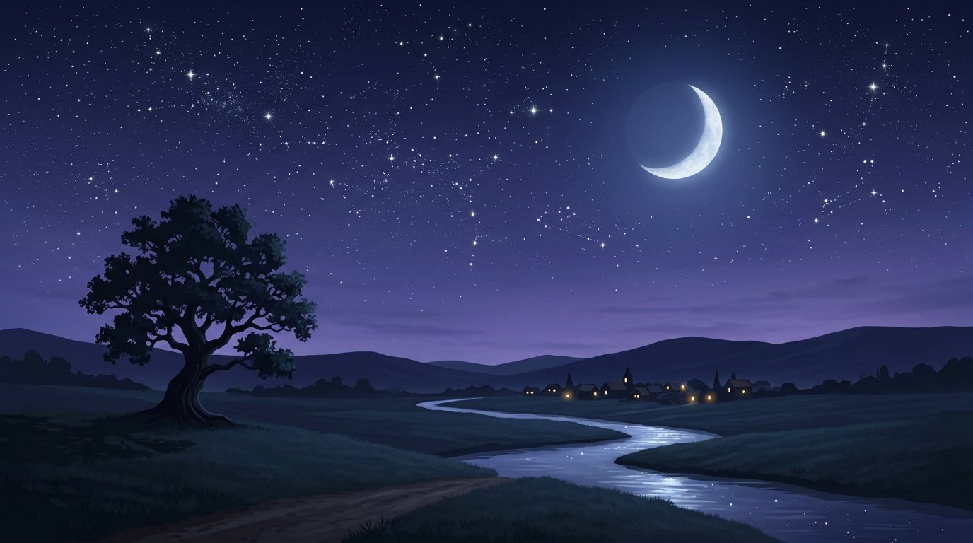 Moon and stars above a quiet landscape at night