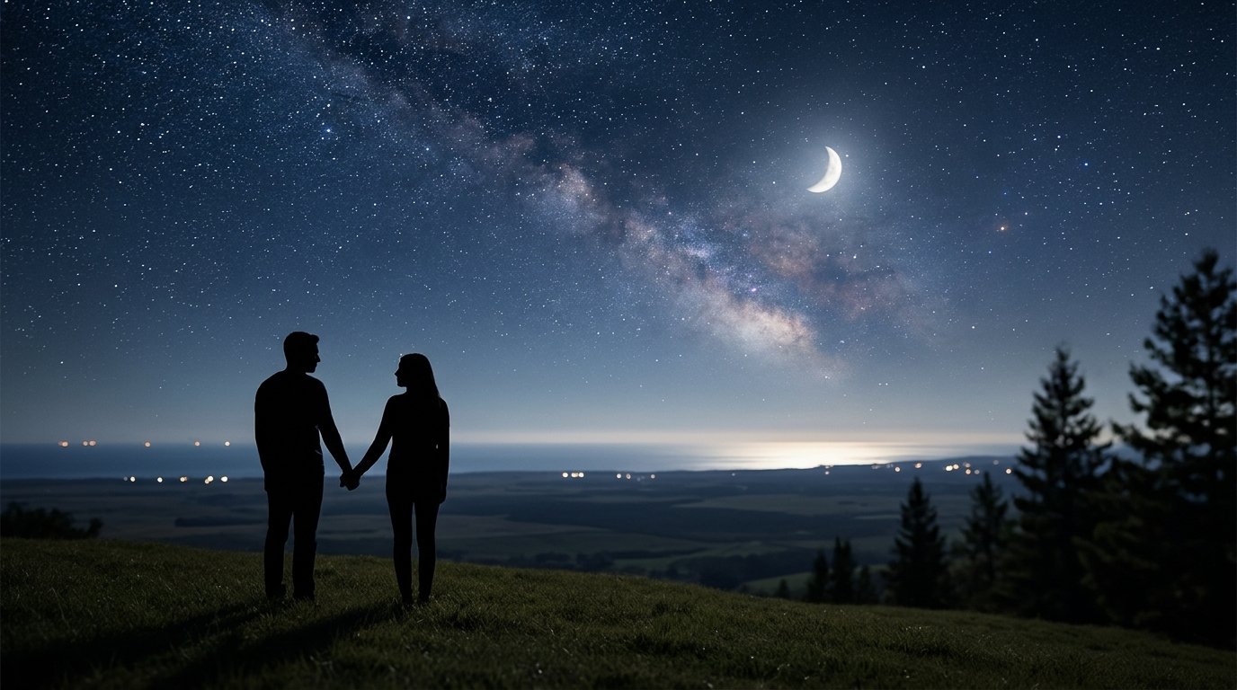 Couple holding hands beneath a peaceful starry night sky.Image title: Good Night Messages for Long-Distance Love