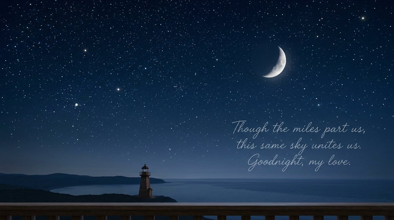 Crescent moon and stars over a quiet landscape at night 
