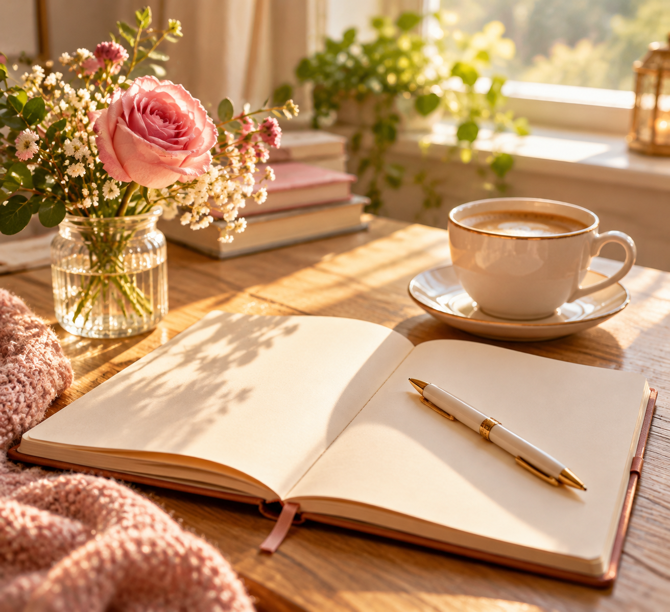 Open notebook and pen beside coffee in morning light.