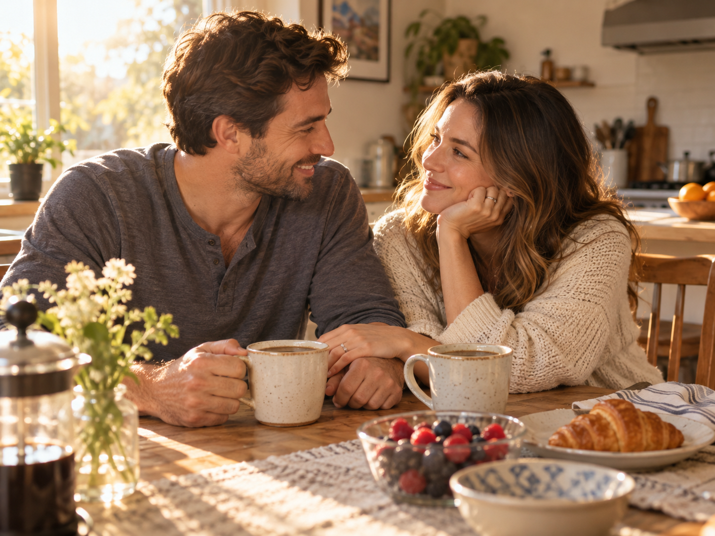Couple sharing coffee together at home.