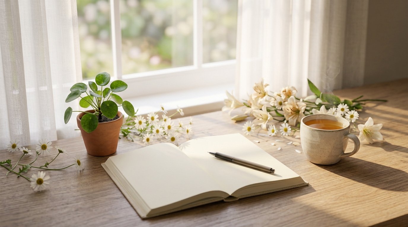 Notebook, warm tea, and green plant on a sunlit desk.