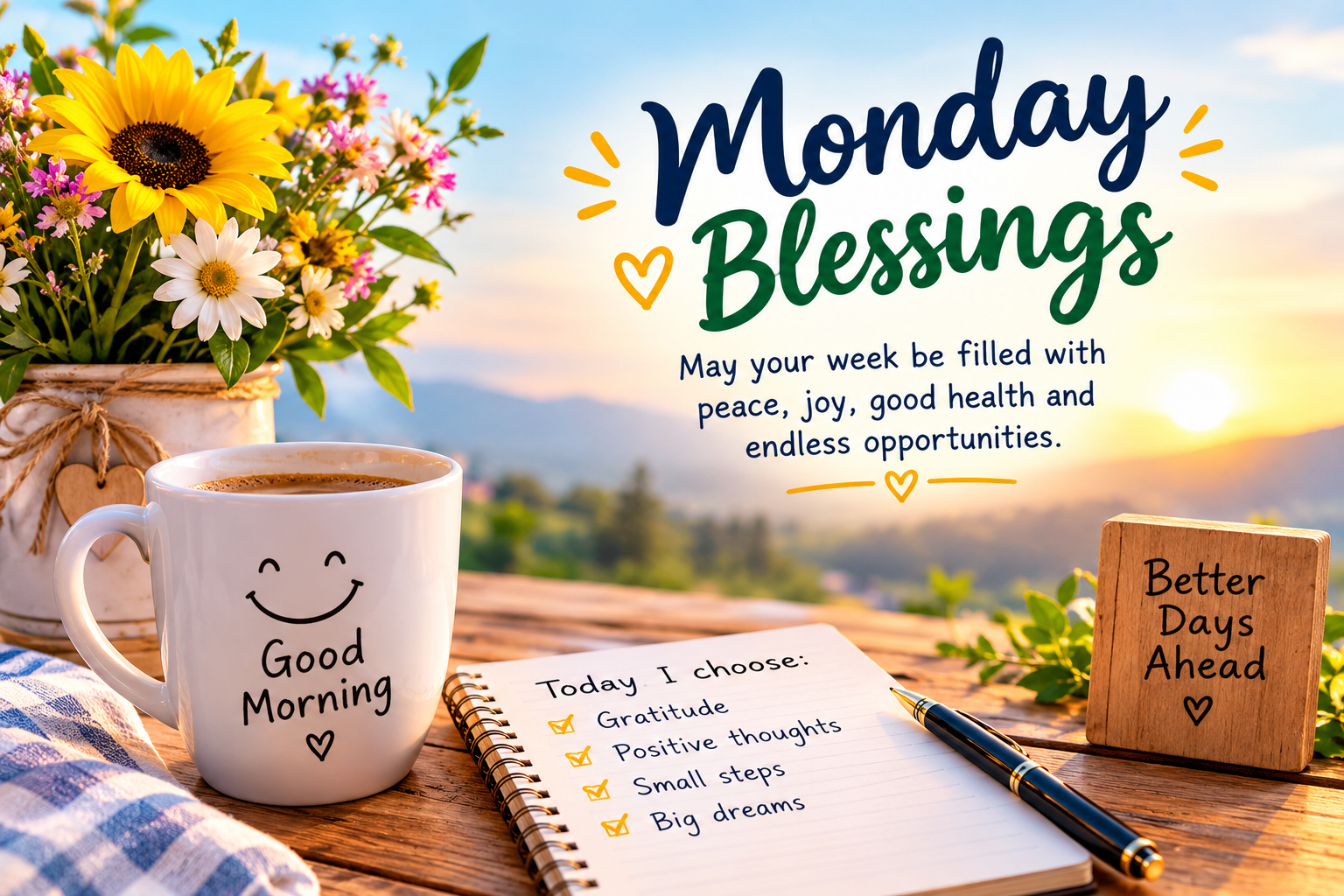 Peaceful Monday morning with coffee, flowers, and warm sunlight.