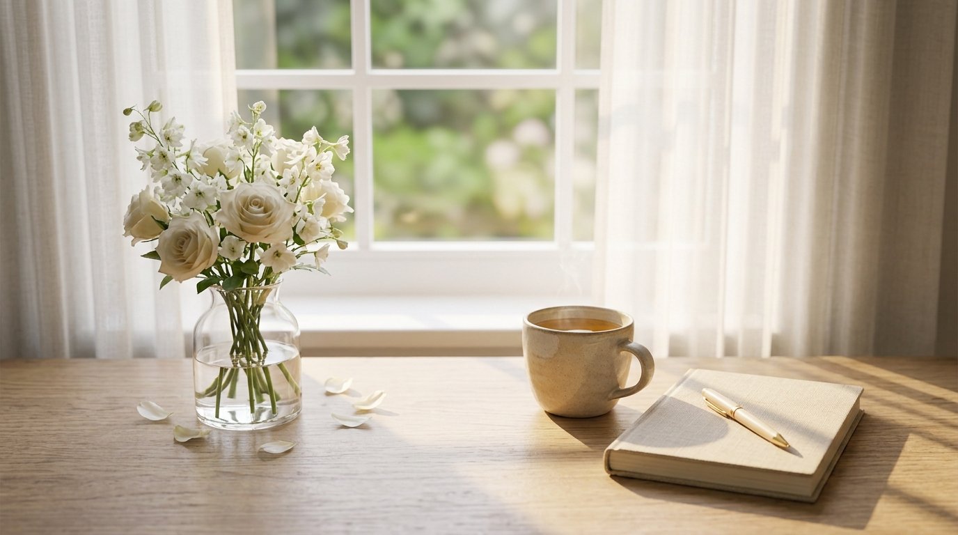White flowers, coffee mug, and journal in peaceful golden morning light.