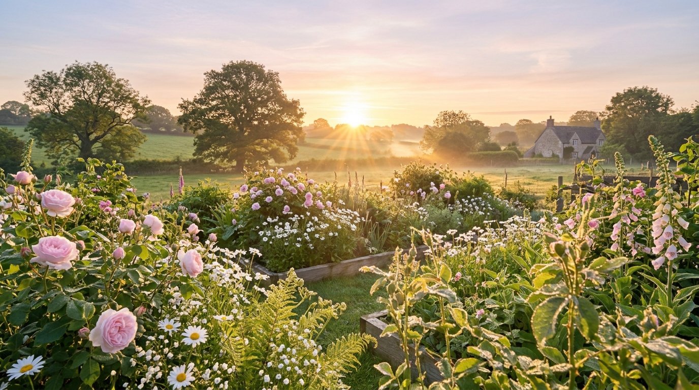 Golden sunrise over a garden on a peaceful Monday morning.