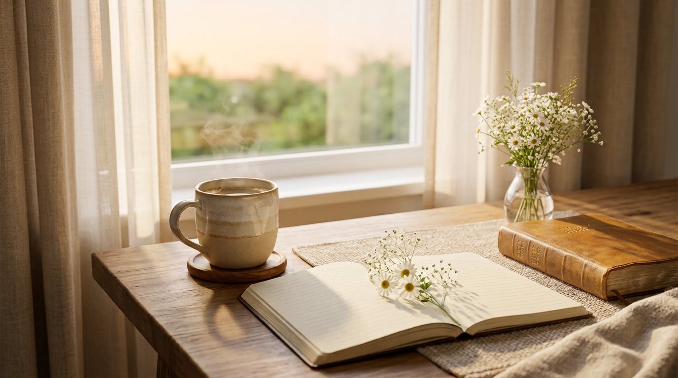 Coffee, prayer journal, Bible, and white flowers in peaceful morning sunlight.