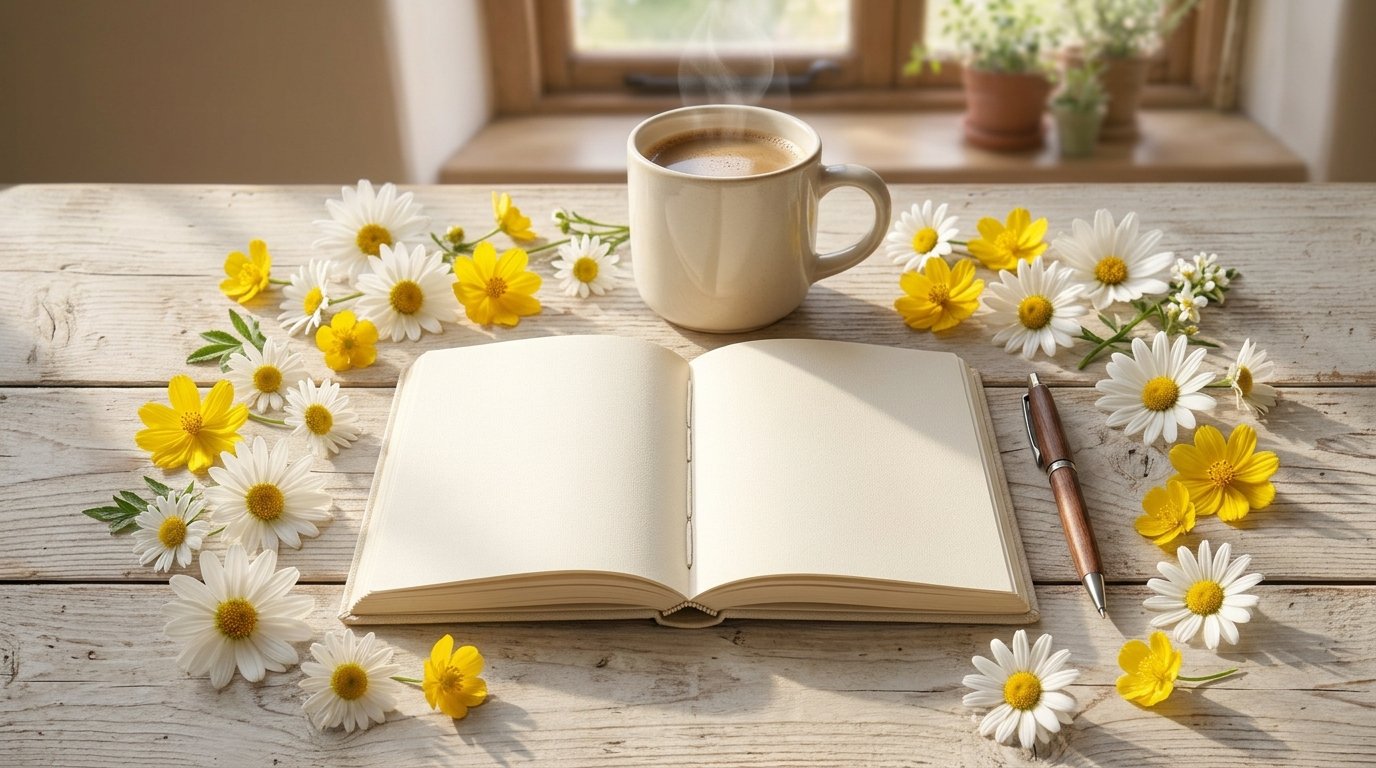 Notebook and coffee on a desk ready for a productive Monday.