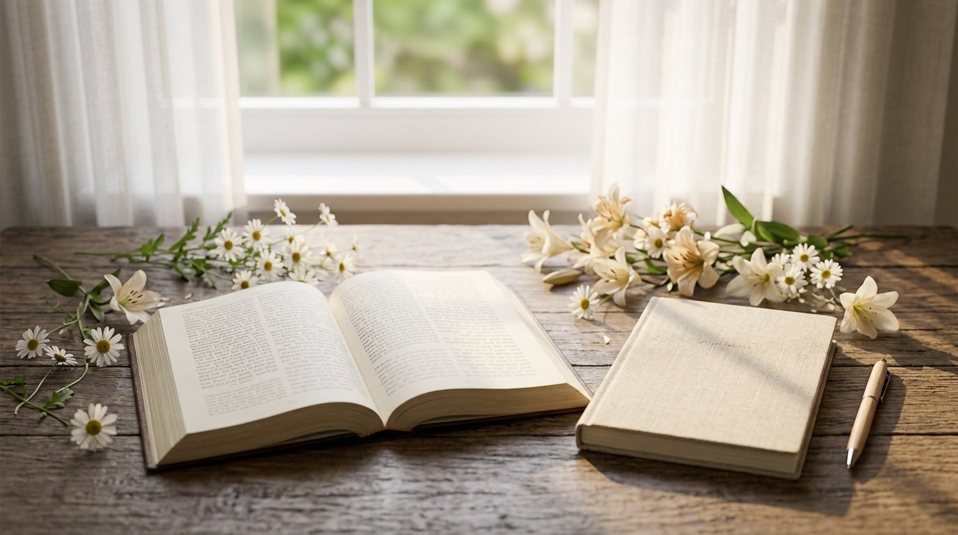 Open Bible, prayer journal, and white flowers in warm morning light.