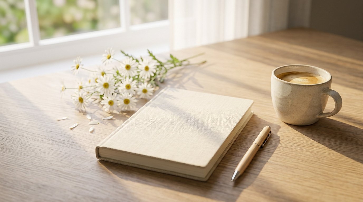 Blank notebook, pen, coffee, and daisies in bright morning sunlight.
