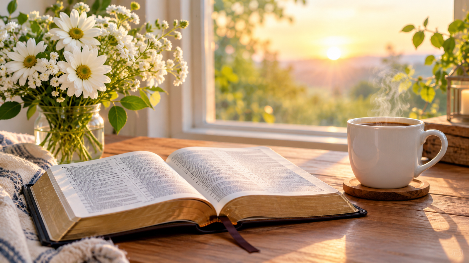 Open Bible and coffee cup in a peaceful Sunday morning setting.