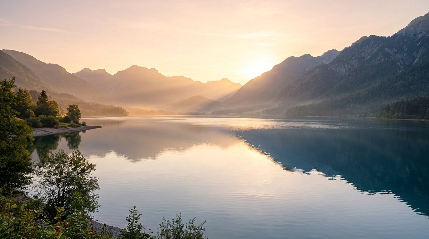 Calm lake and mountains at sunrise representing peace and reflection.