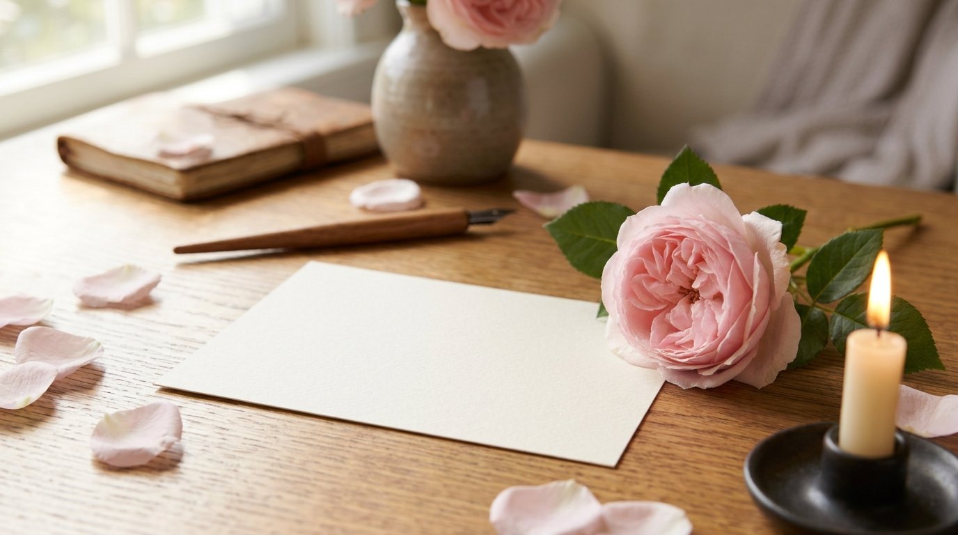 Blank greeting card beside roses and candlelight