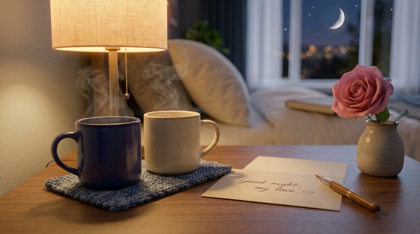 Two warm mugs beside a softly lit window in the evening 