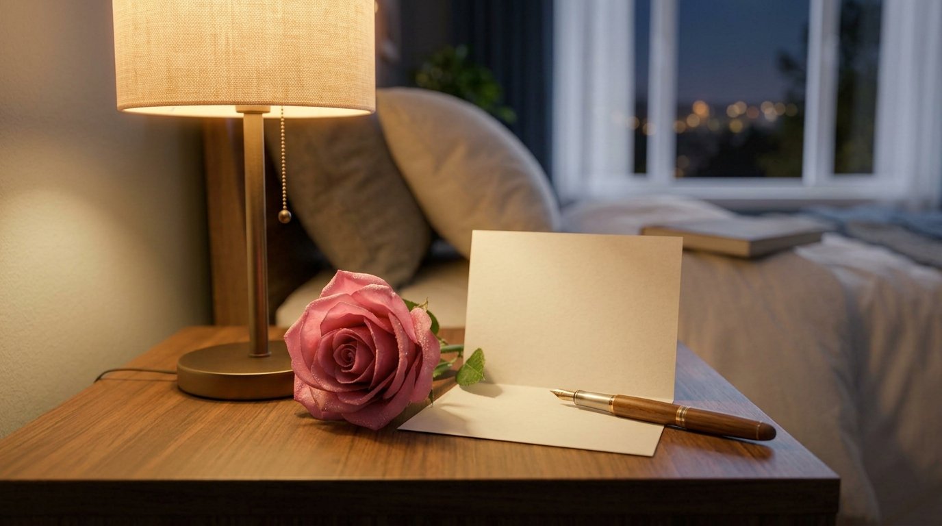 Blank greeting card beside a pink rose