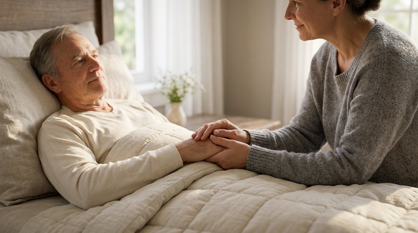 A person holding a loved one's hand in a comforting bedside moment.
