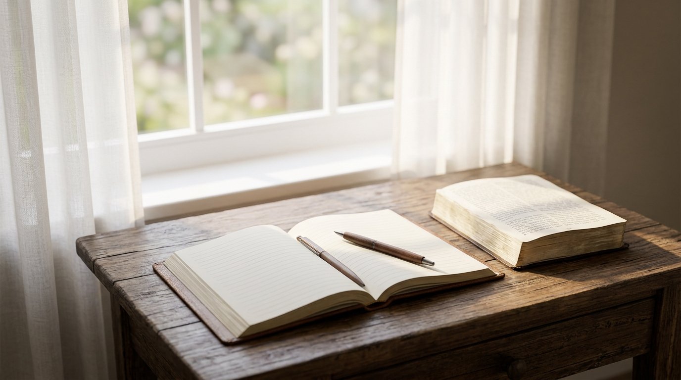 Prayer journal and Bible arranged beside a sunlit window.