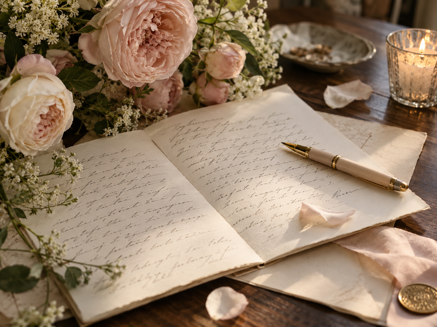 Love letter and pen arranged beside blush flowers.