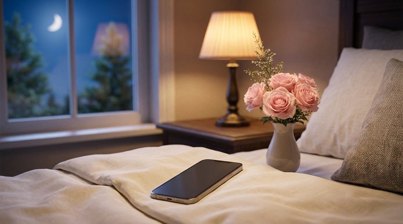Smartphone and pink roses arranged on a bed in a romantic evening setting.Image title: Romantic Good Night Messages