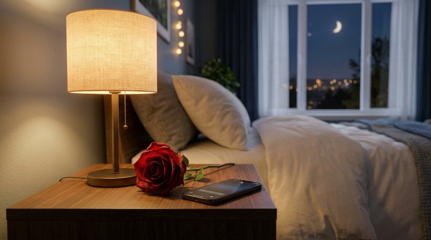 Smartphone and rose beside a warm bedside lamp