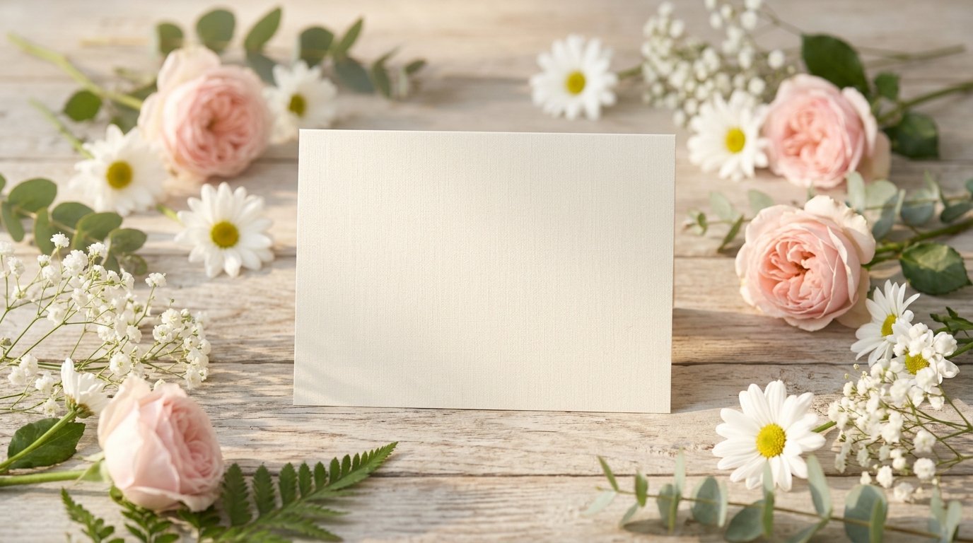 Cream greeting card surrounded by pink roses and white flowers.