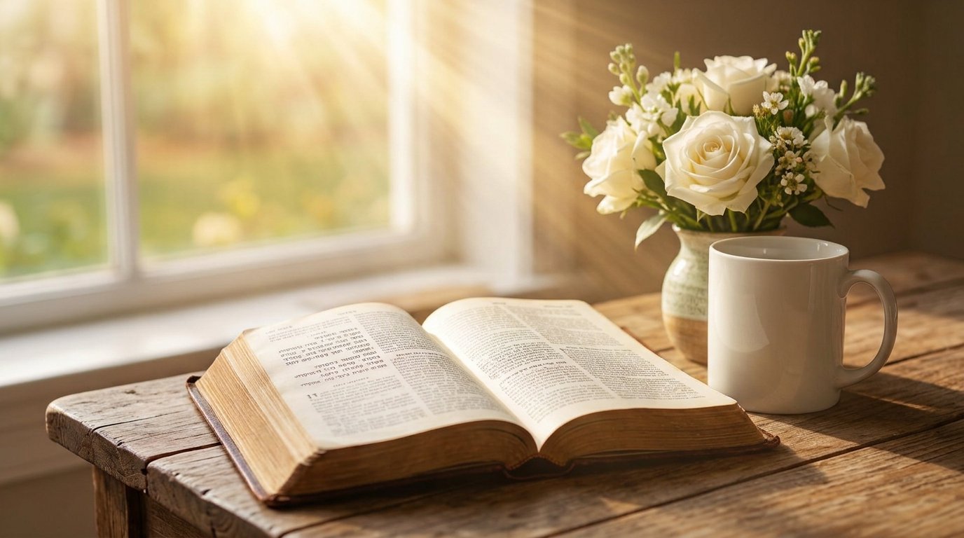 Open Bible and coffee mug in a peaceful Saturday morning setting.