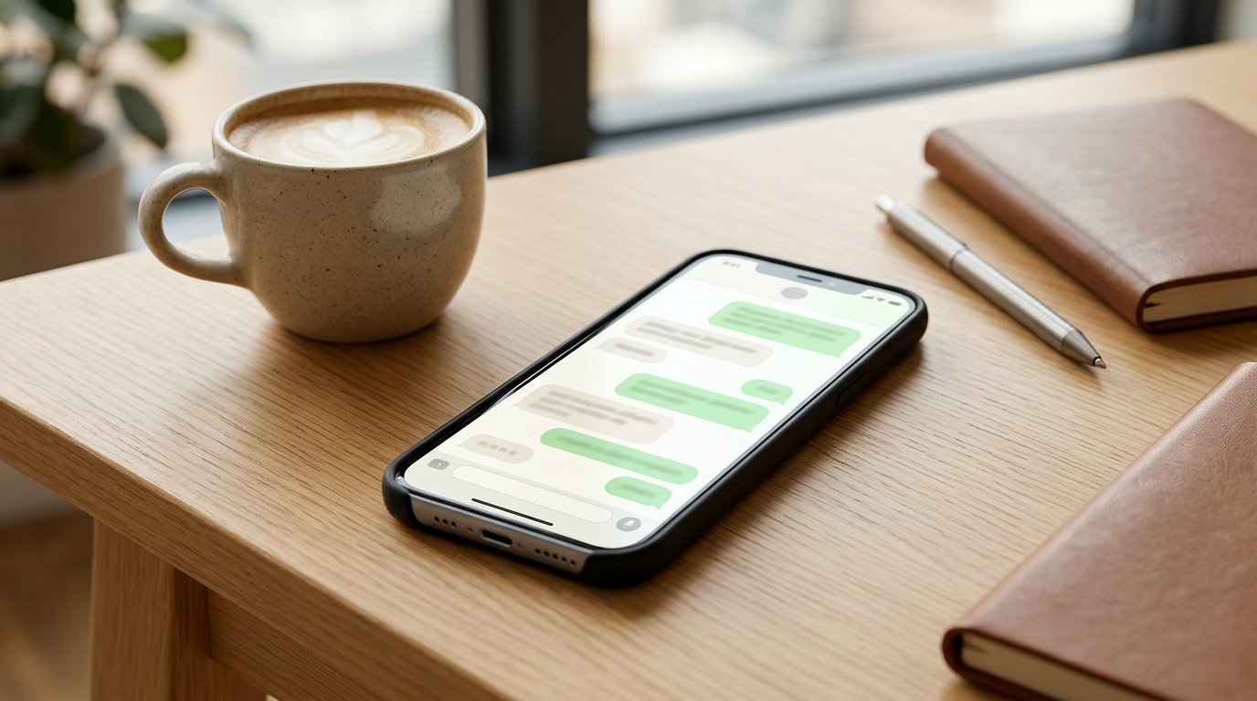 Smartphone displaying a generic messaging conversation beside a cup of coffee.