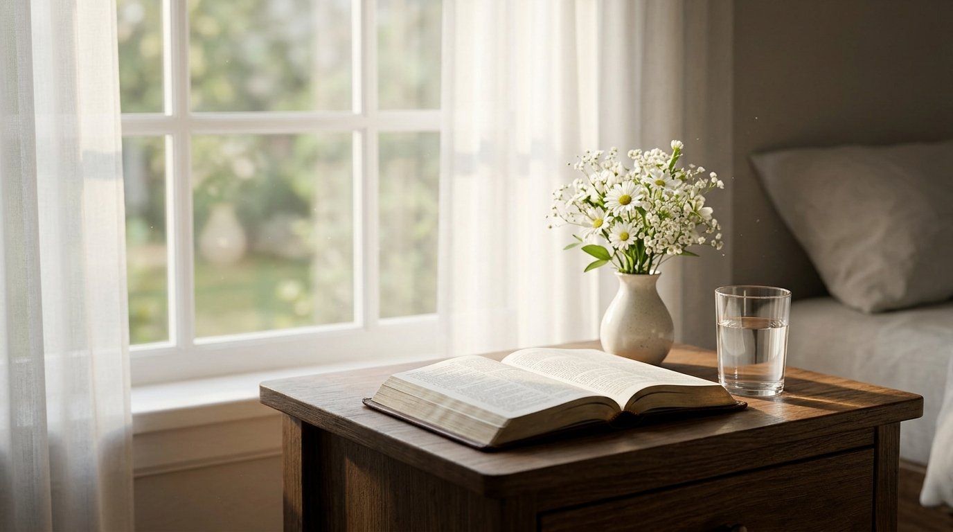 Open Bible and white flowers beside a window in a peaceful setting.