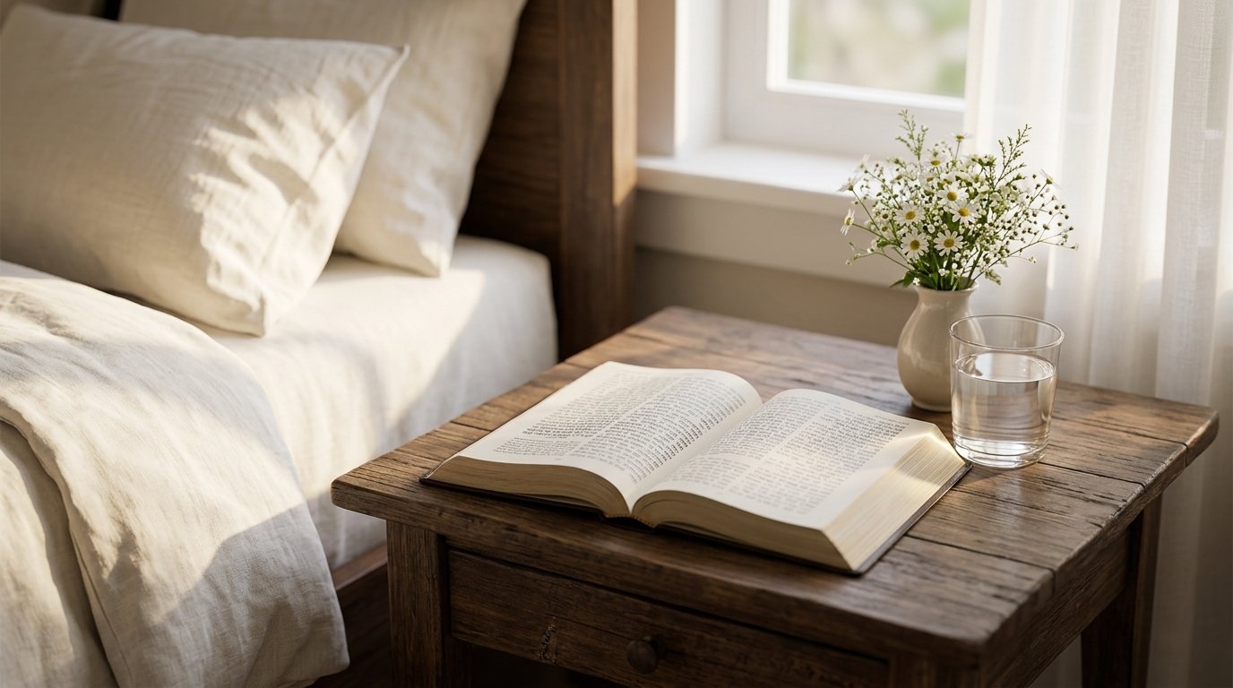 Prayer journal and Bible arranged beside a sunlit window.