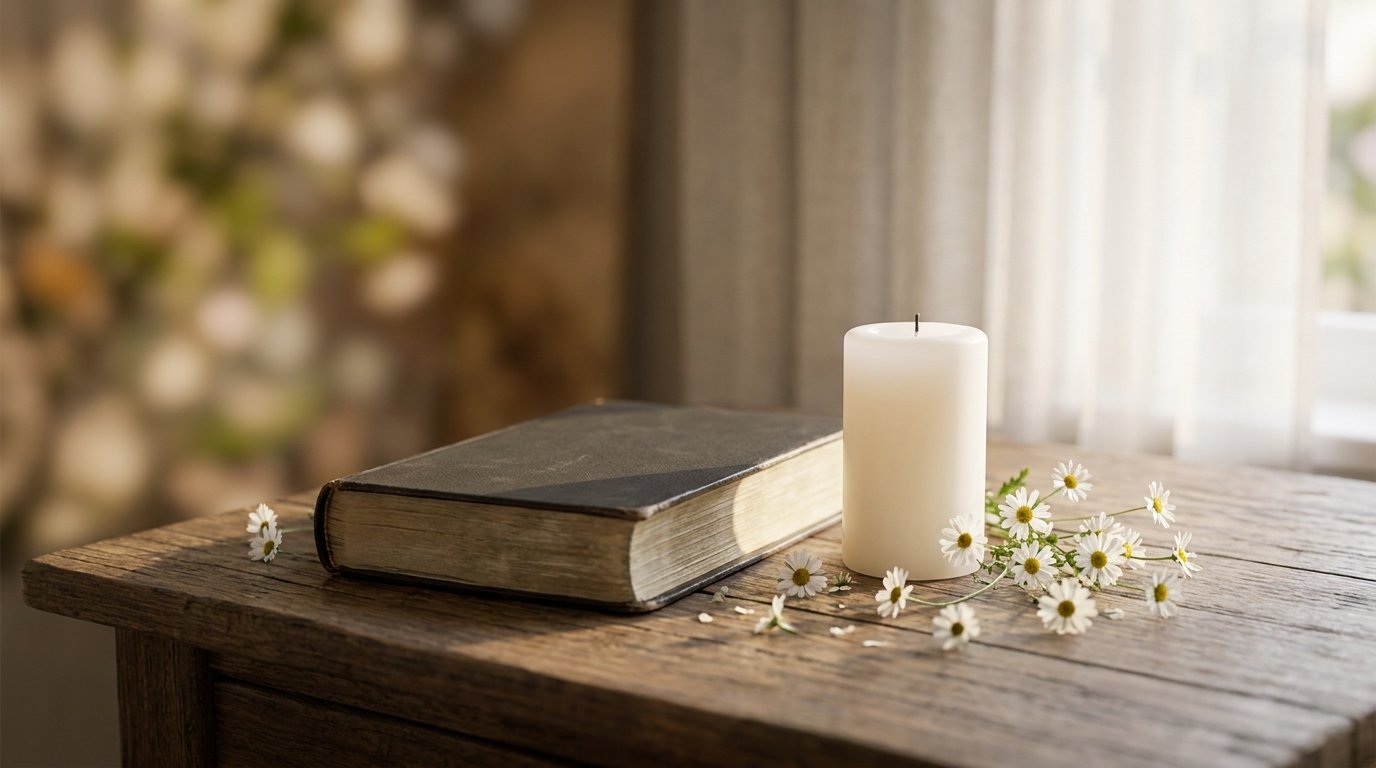 Bible, candle, and white flowers arranged in warm evening light.