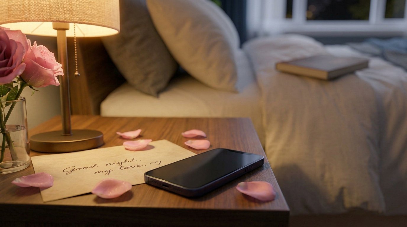 Smartphone on a bedside table ready for a sweet goodnight text