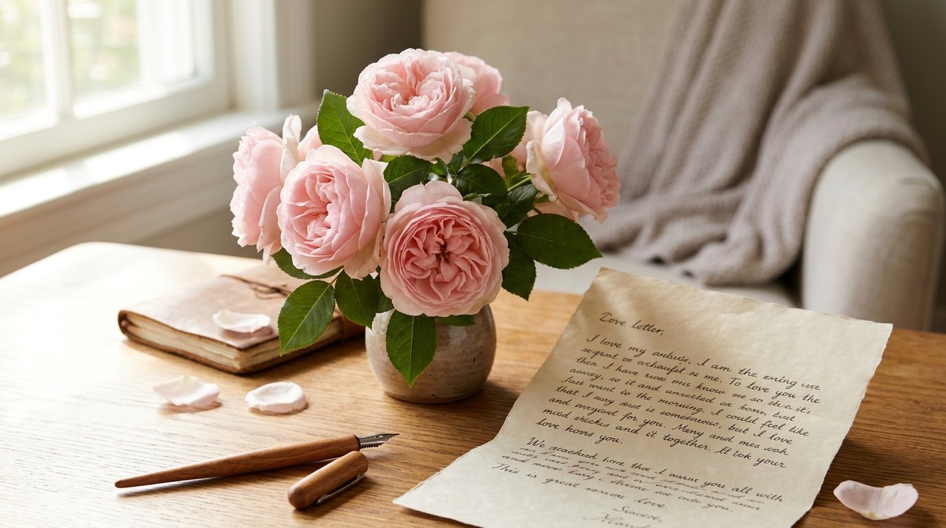 Pink roses beside a handwritten love letter