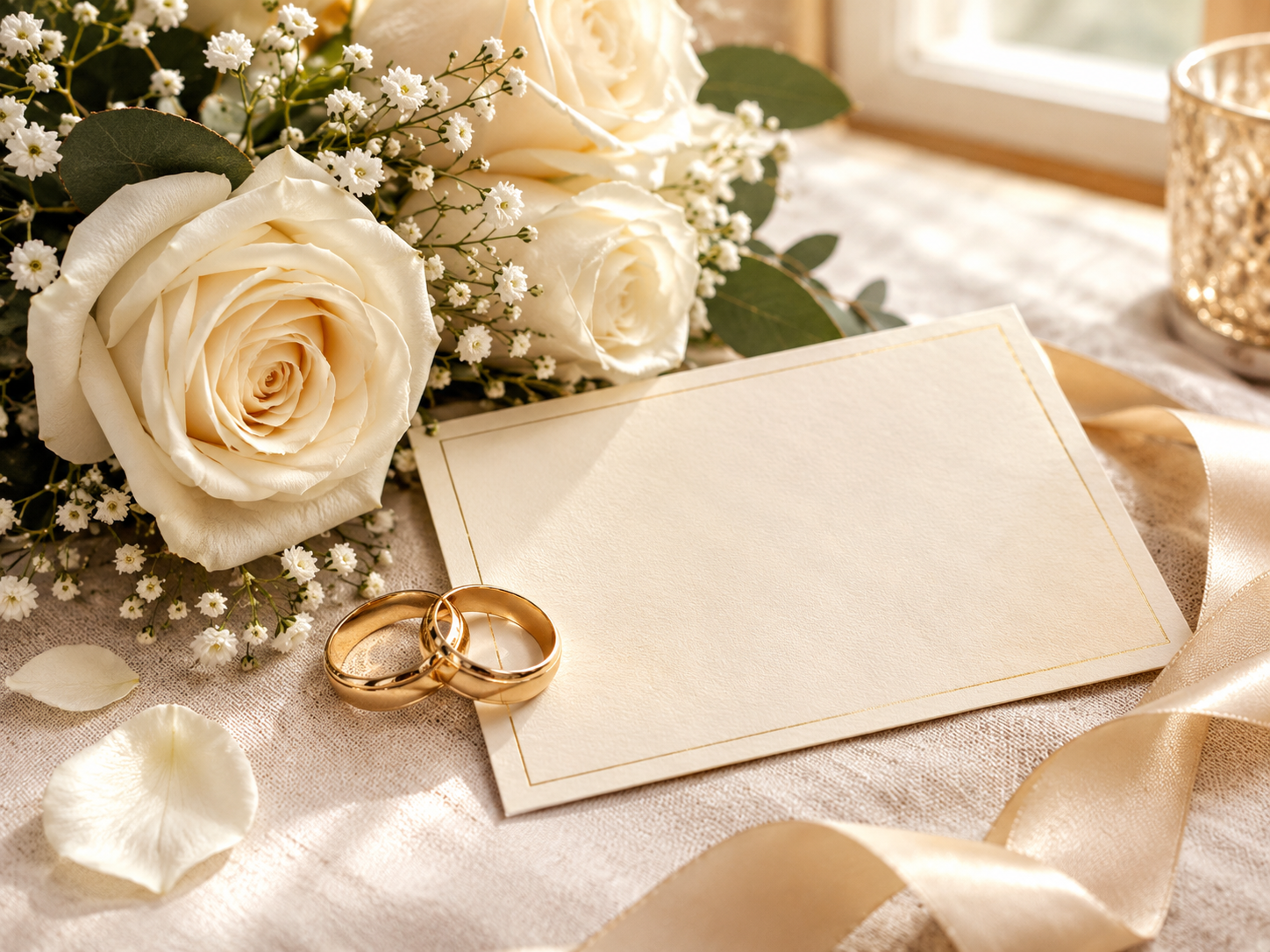 Gold wedding rings and white roses arranged for an anniversary.
