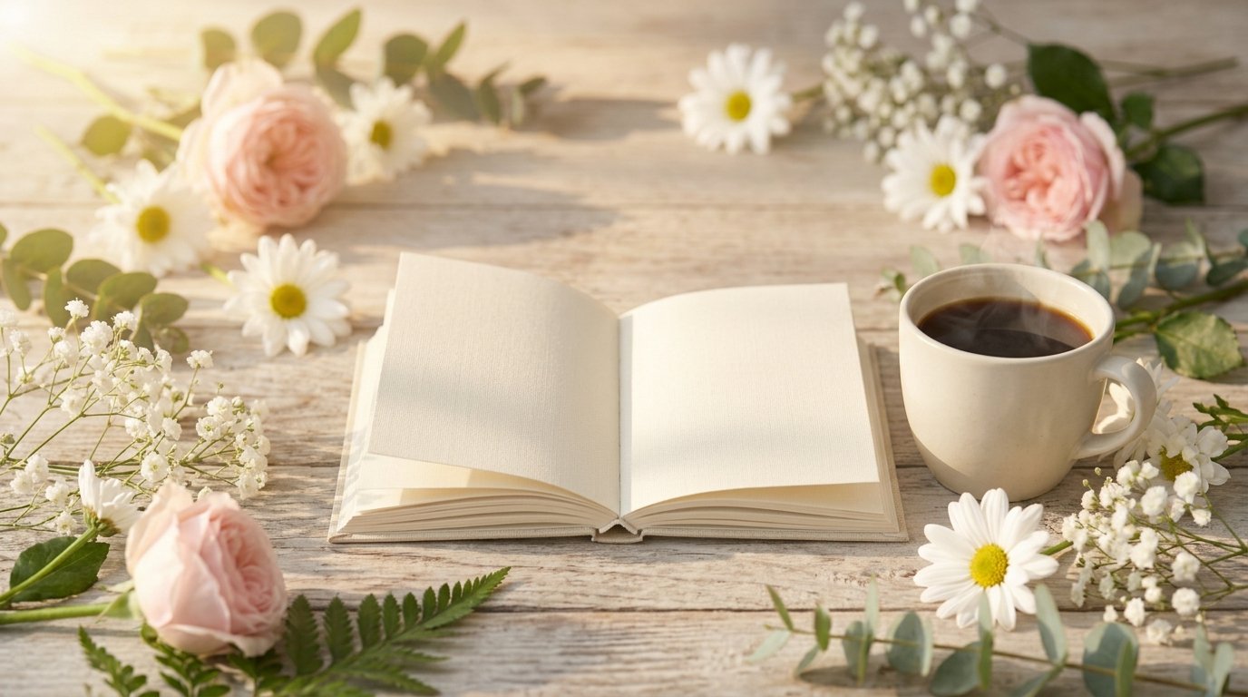 Coffee and flowers on a table in a peaceful weekend morning setting.